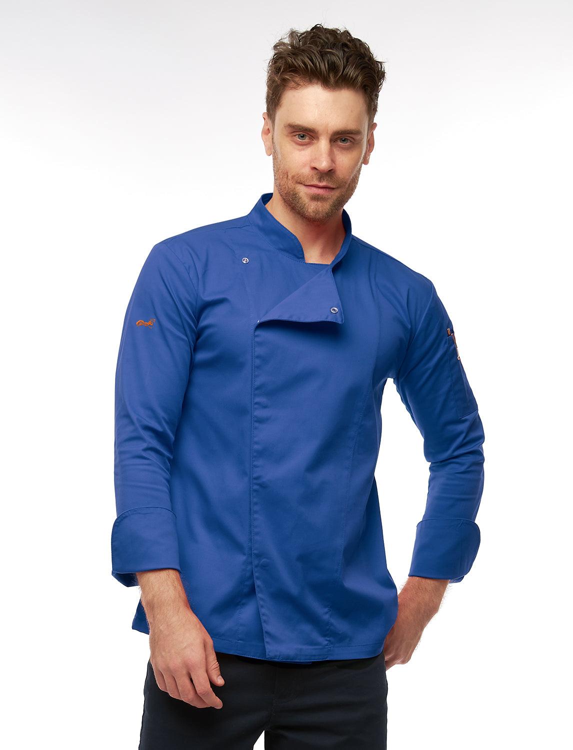 Stretch Kochjacke Herren mit Druckknöpfen Kornblau Langarm Slim Fit