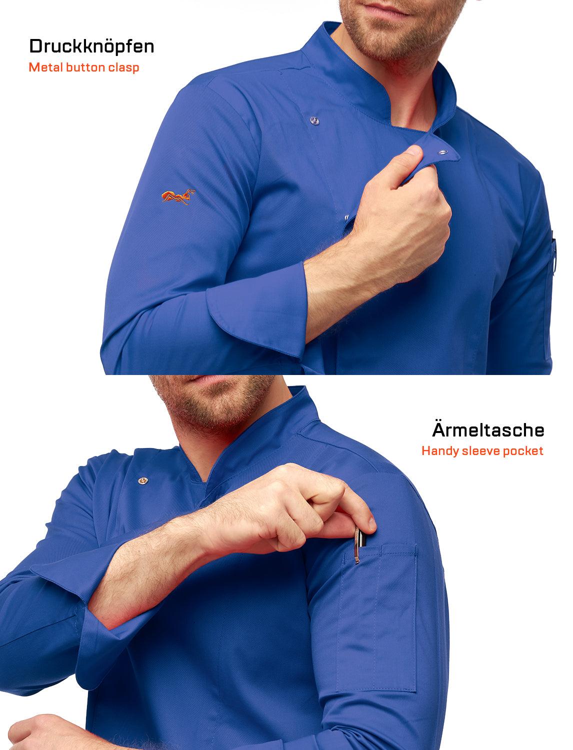 Stretch Kochjacke Herren mit Druckknöpfen Kornblau Langarm Slim Fit