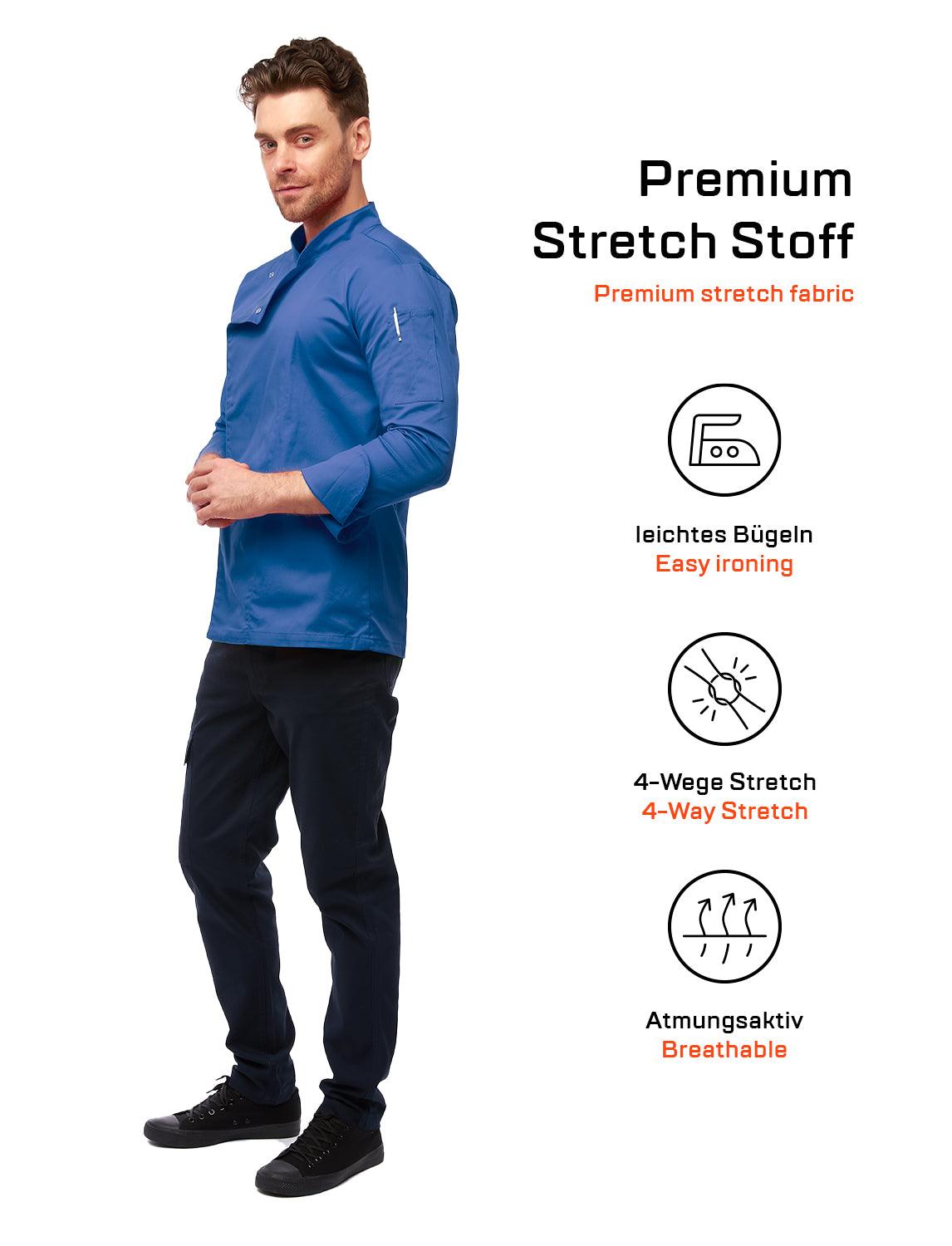 Stretch Kochjacke Herren mit Druckknöpfen Kornblau Langarm Slim Fit