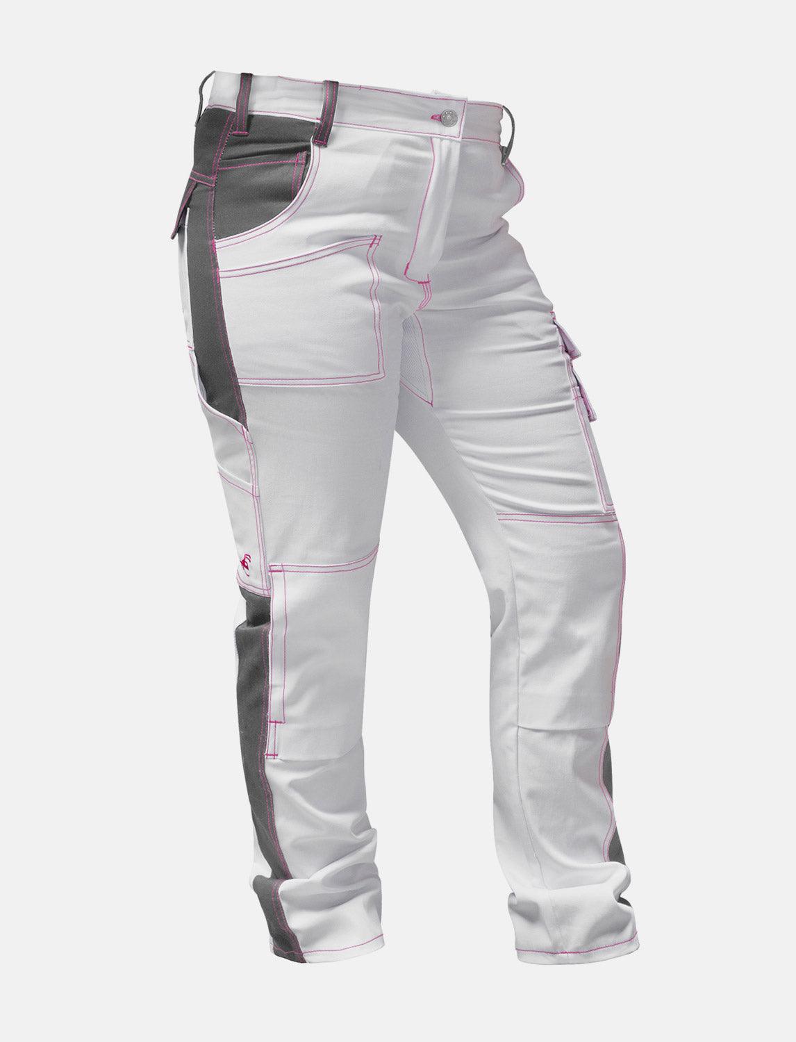 komplette Stretch Damen Malerhose mit Kniepolstertaschen Arbeitshose Weiß Baumwolle