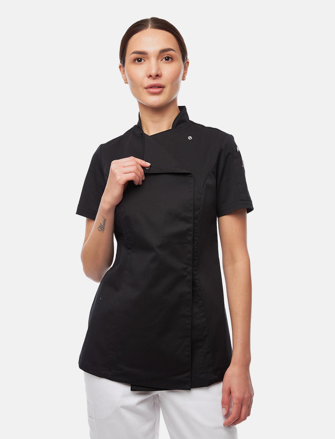 Stretch Kochjacke Damen mit Druckknöpfen  Kurzarm Slim Fit