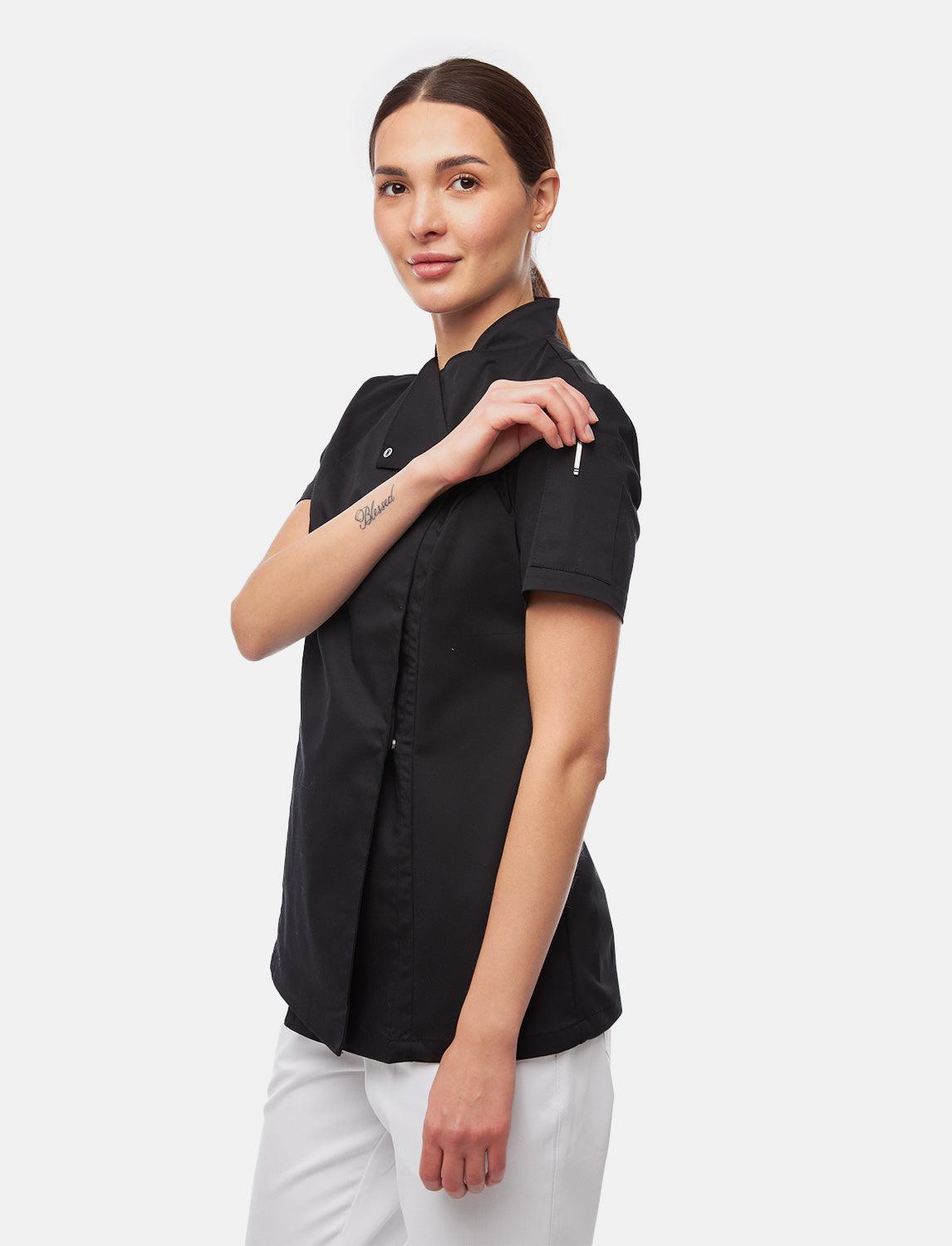 Stretch Kochjacke Damen mit Druckknöpfen  Kurzarm Slim Fit