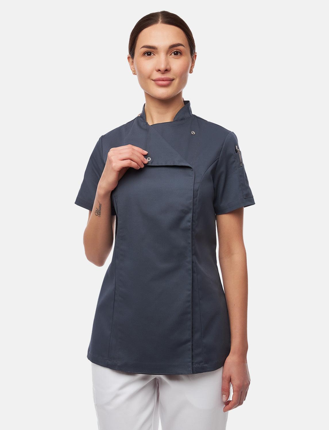 Stretch Kochjacke Damen mit Druckknöpfen  Kurzarm Slim Fit