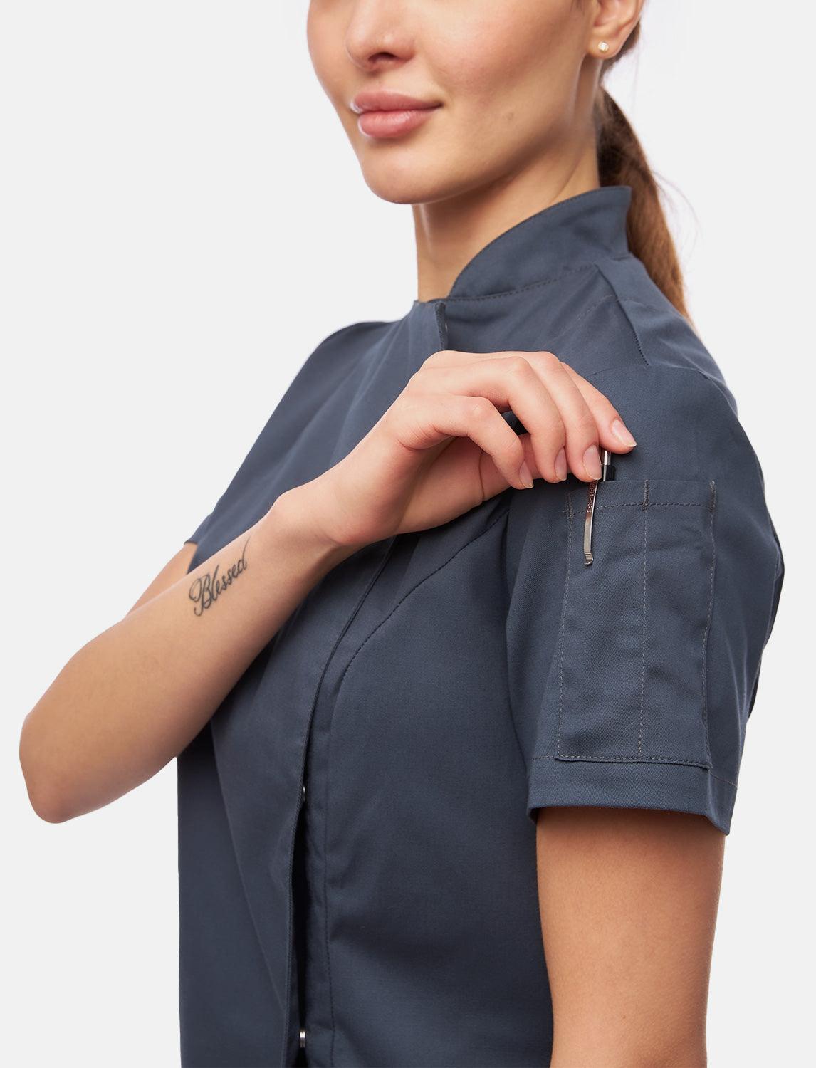 Stretch Kochjacke Damen mit Druckknöpfen  Kurzarm Slim Fit