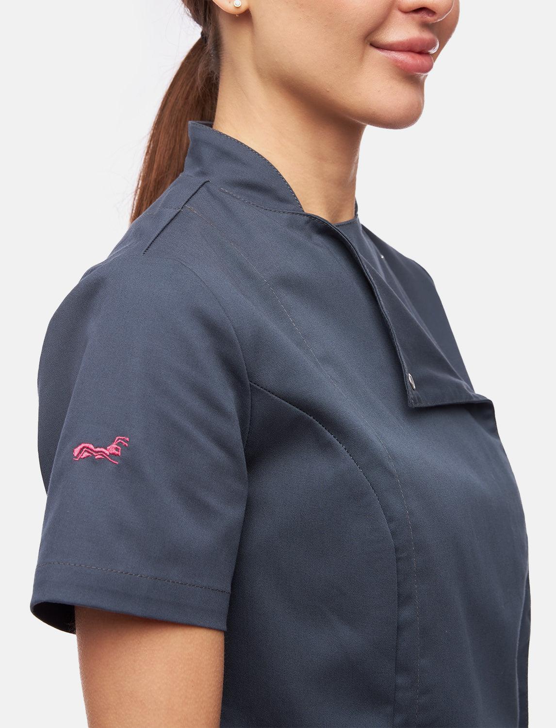Stretch Kochjacke Damen mit Druckknöpfen  Kurzarm Slim Fit