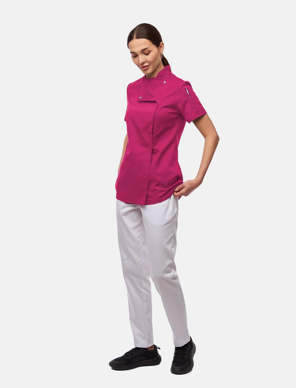 Stretch Kochjacke Damen mit Druckknöpfen  Kurzarm Slim Fit