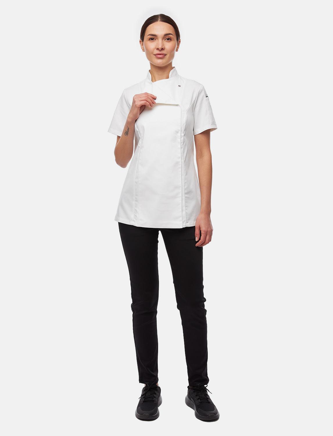 Stretch Kochjacke Damen mit Druckknöpfen  Kurzarm Slim Fit