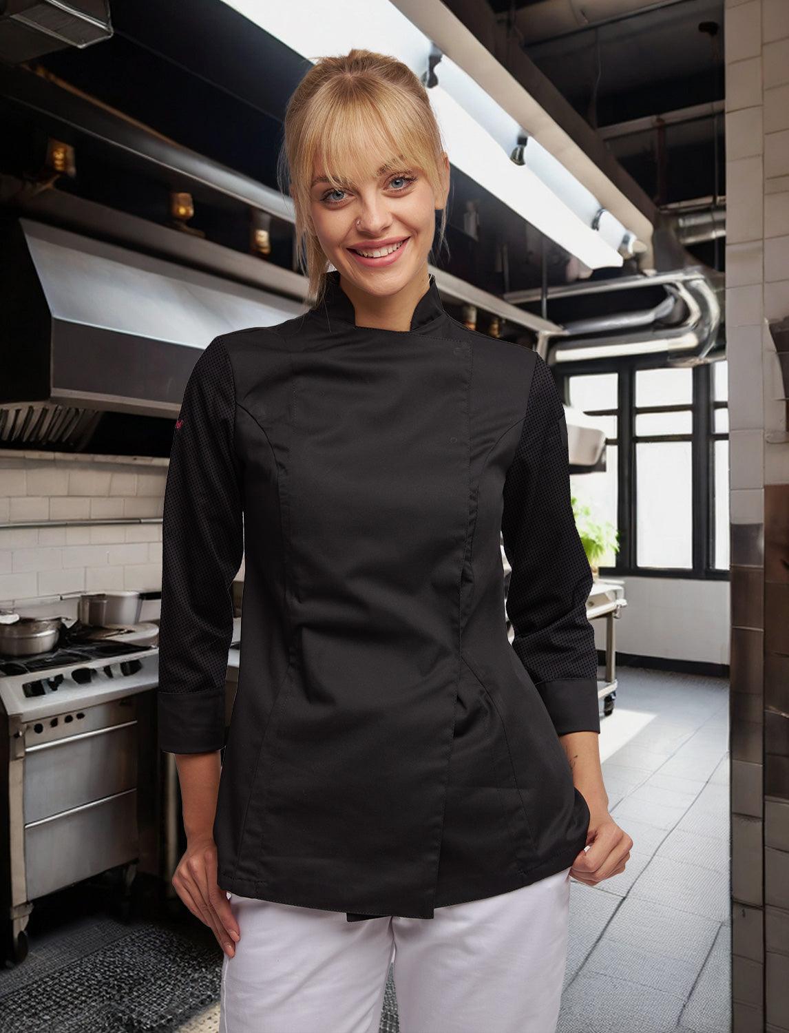 Damen Kochjacke mit dryMesh Rücken und Ärmel - Druckknöpfen - Langarm