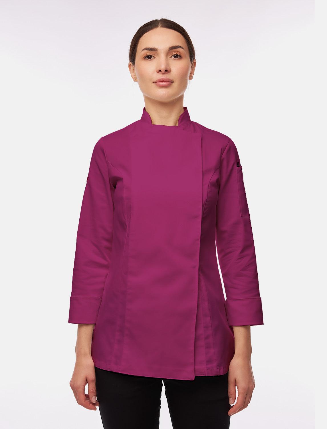 Stretch Kochjacke Damen mit Druckknöpfen Langarm Slim Fit