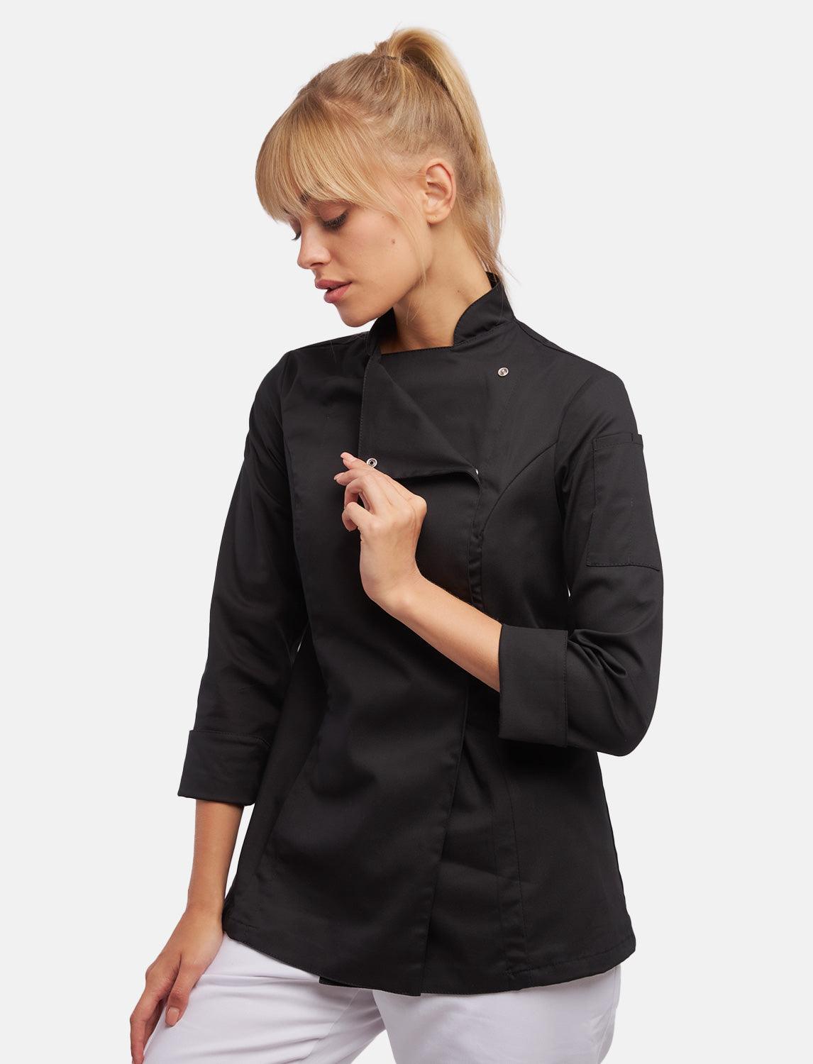 Stretch Kochjacke Damen mit Druckknöpfen Langarm Slim Fit