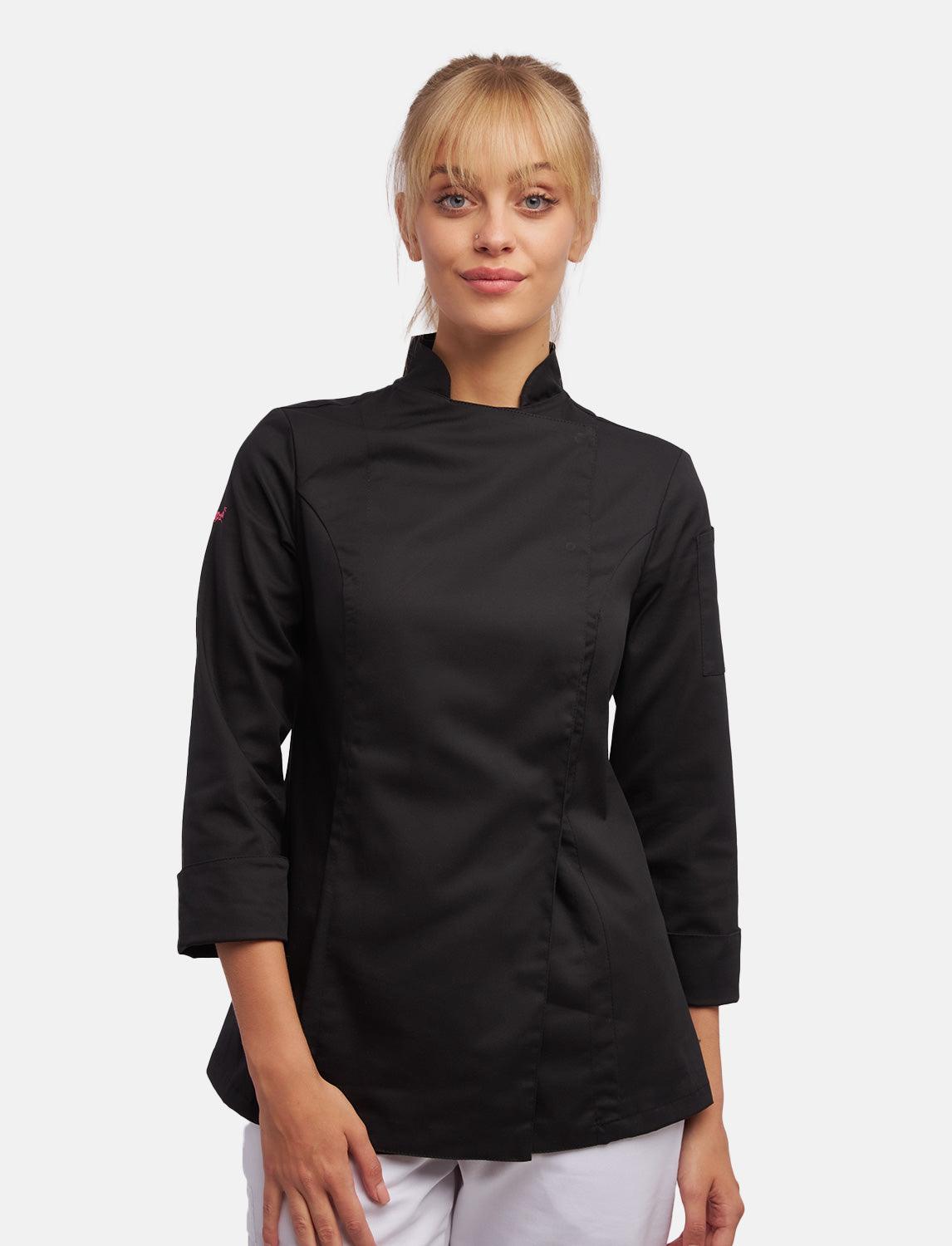 Stretch Kochjacke Damen mit Druckknöpfen Langarm Slim Fit