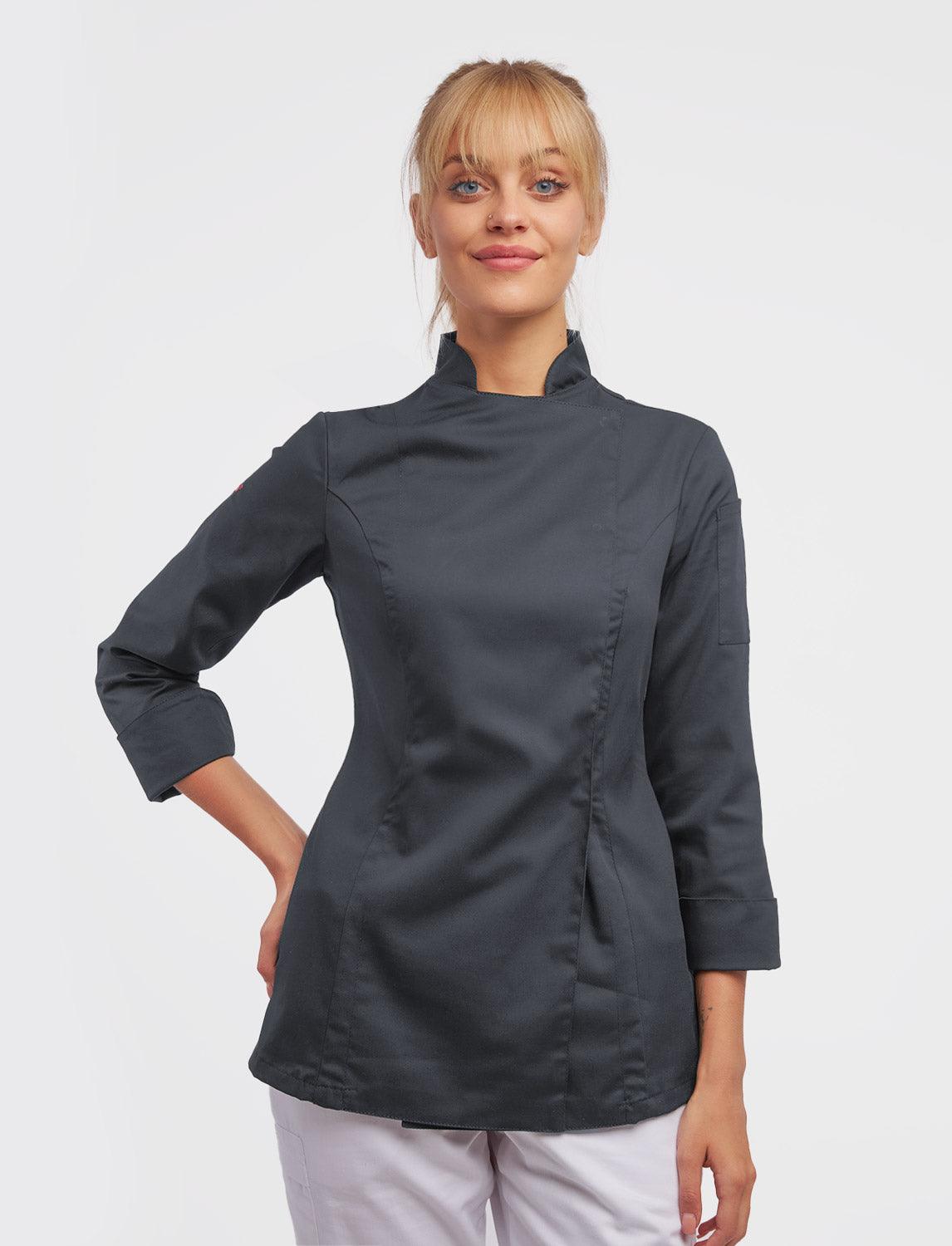 Stretch Kochjacke Damen mit Druckknöpfen Langarm Slim Fit