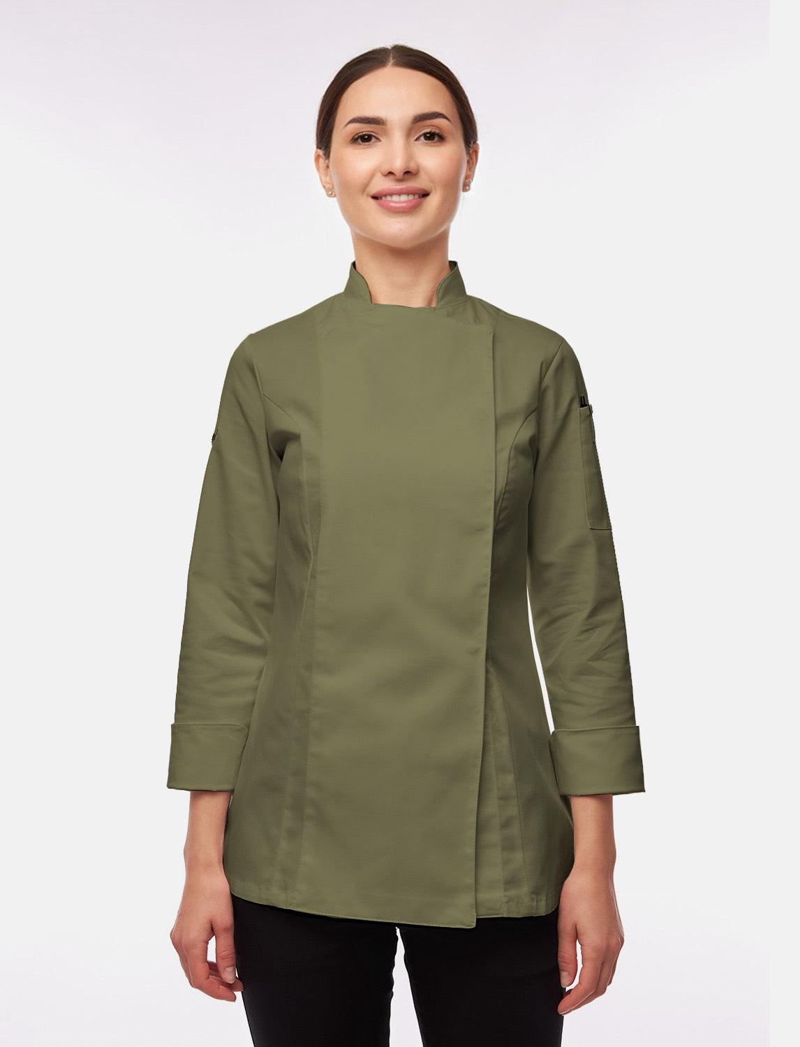 Stretch Kochjacke Damen mit Druckknöpfen Langarm Slim Fit