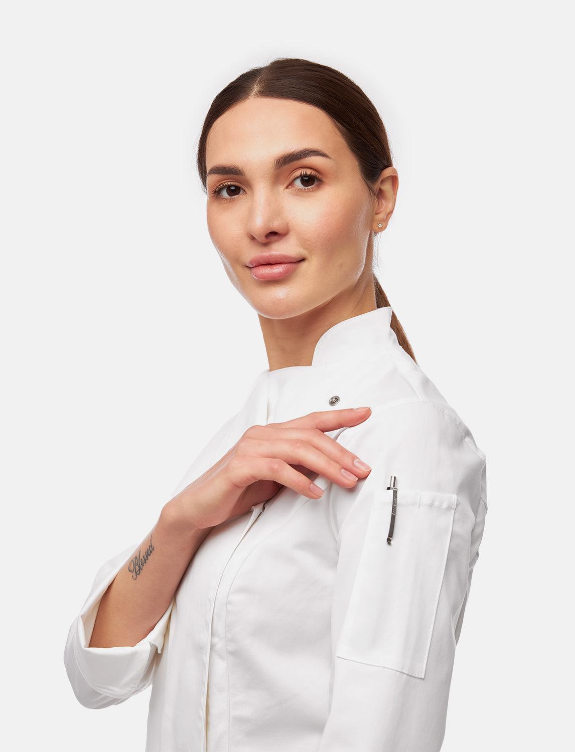 Stretch Kochjacke Damen mit Druckknöpfen Langarm Slim Fit