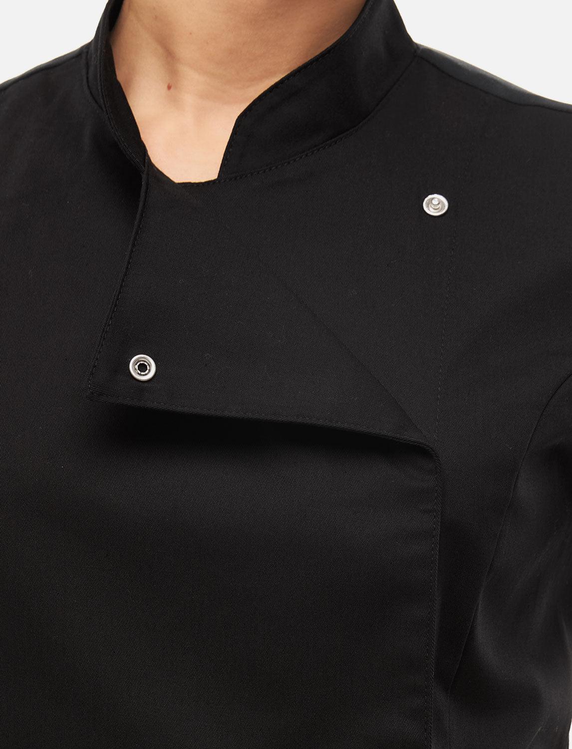 Kochjacke Schwarz Damen mit Druckknöpfen Kochhemd Kurzarm Modal Stoff