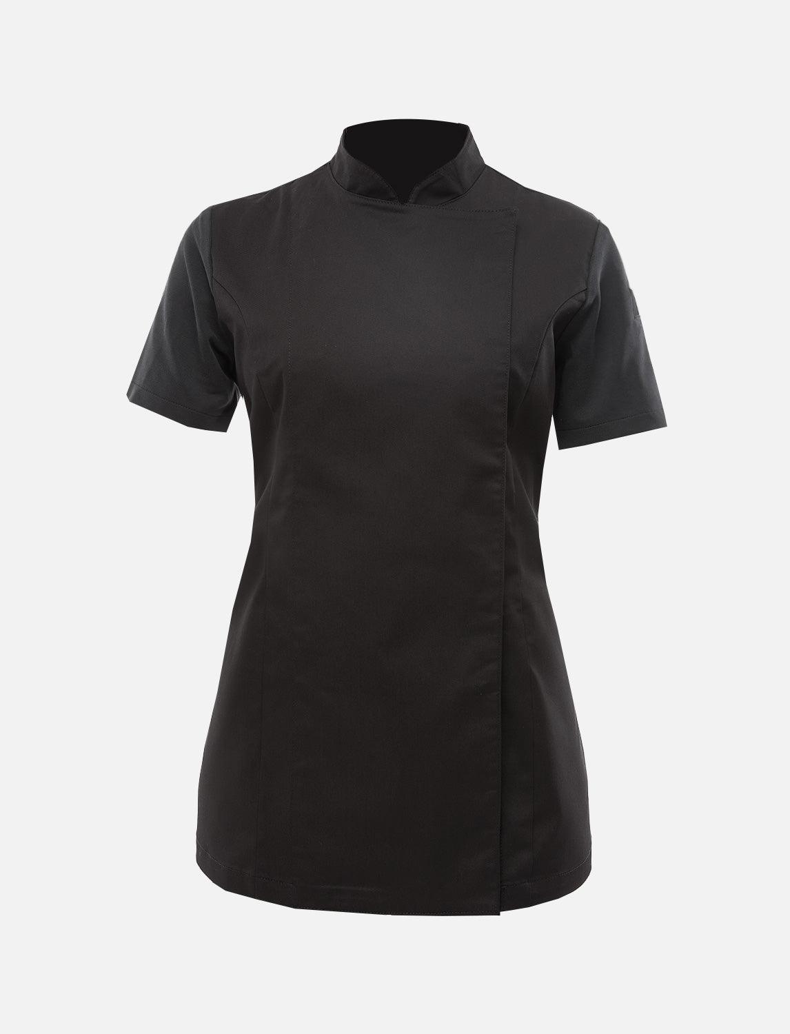 Kochjacke Schwarz Damen mit Druckknöpfen Kochhemd Kurzarm Modal Stoff