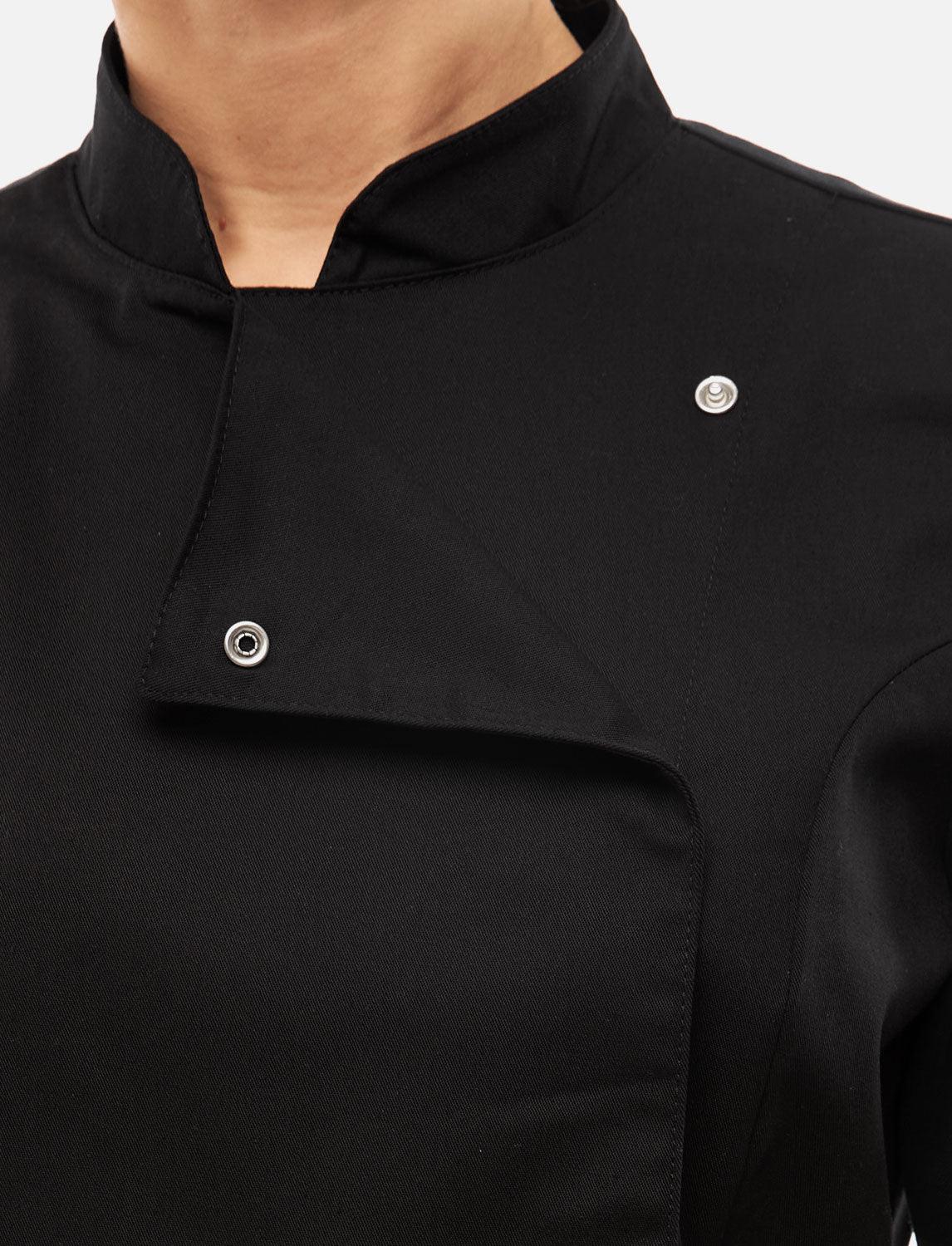 Schwarzе Kochjacke Damen mit Druckknöpfen Kochhemd Langarm Modal Stoff