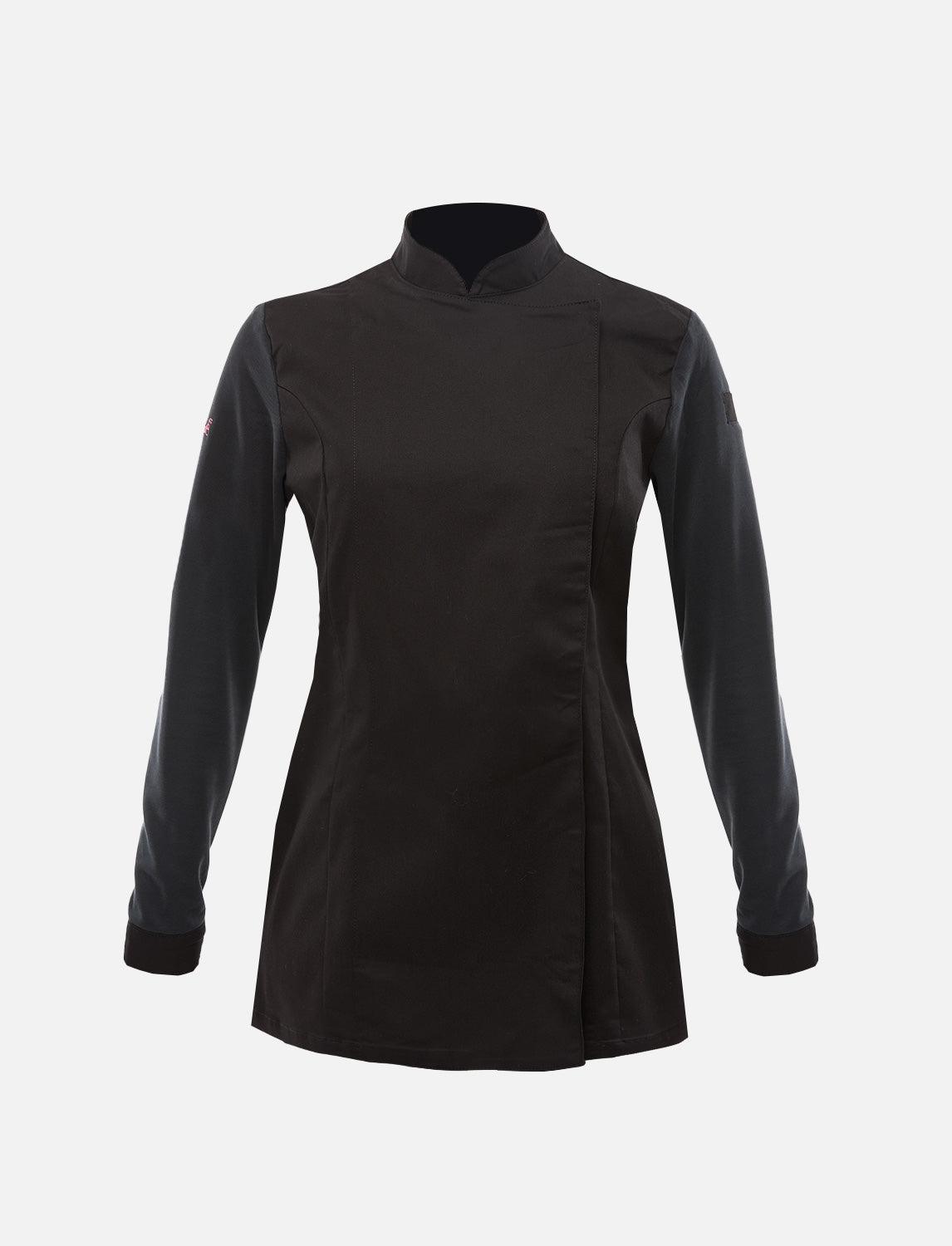 Schwarzе Kochjacke Damen mit Druckknöpfen Kochhemd Langarm Modal Stoff