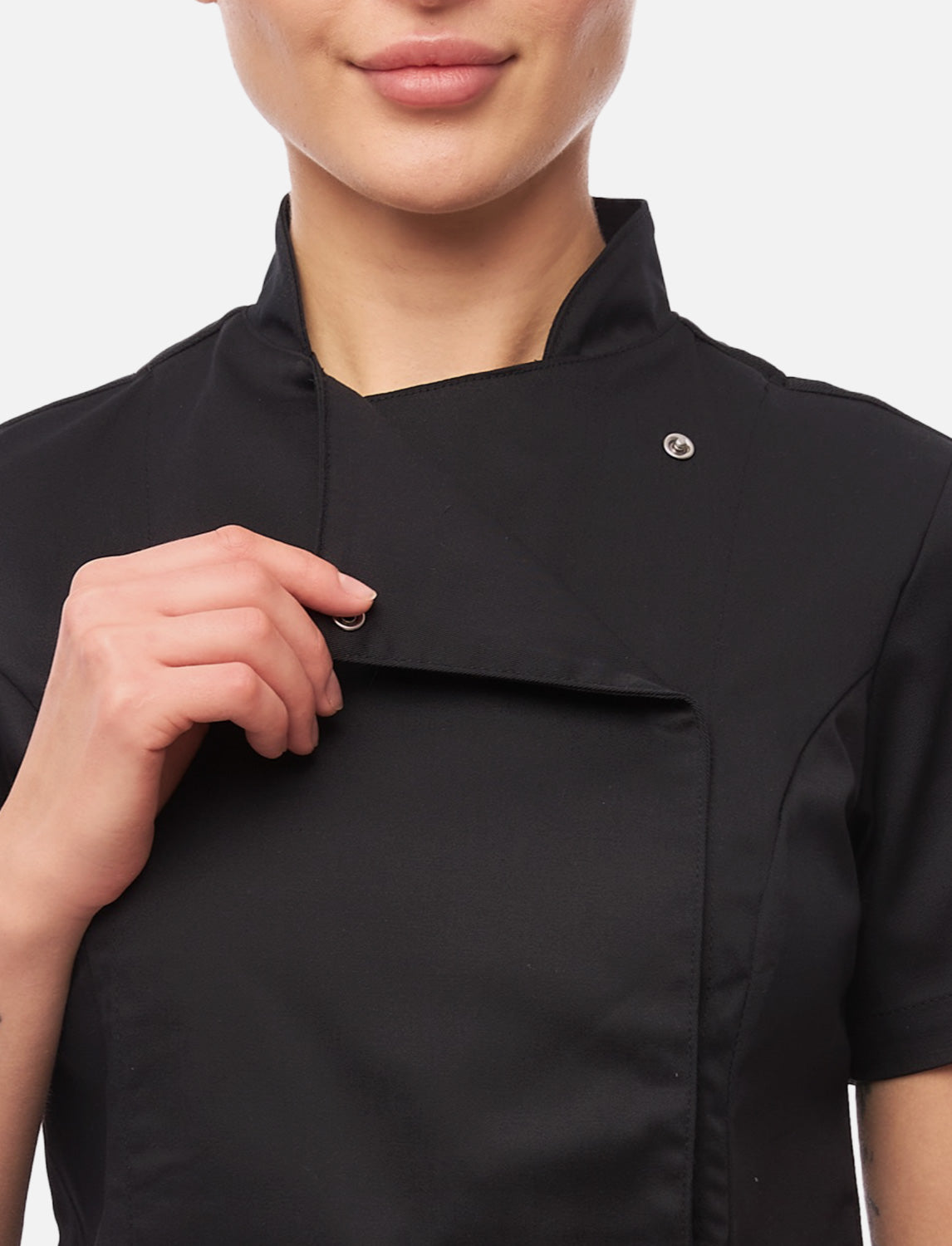 Kurzarm Damen Kochjacke mit Druckknöpfen aus weicher Baumwolle