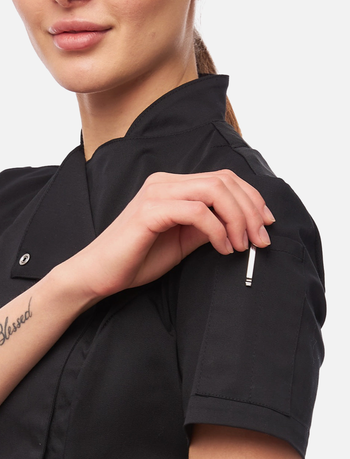 Kurzarm Damen Kochjacke mit Druckknöpfen aus weicher Baumwolle