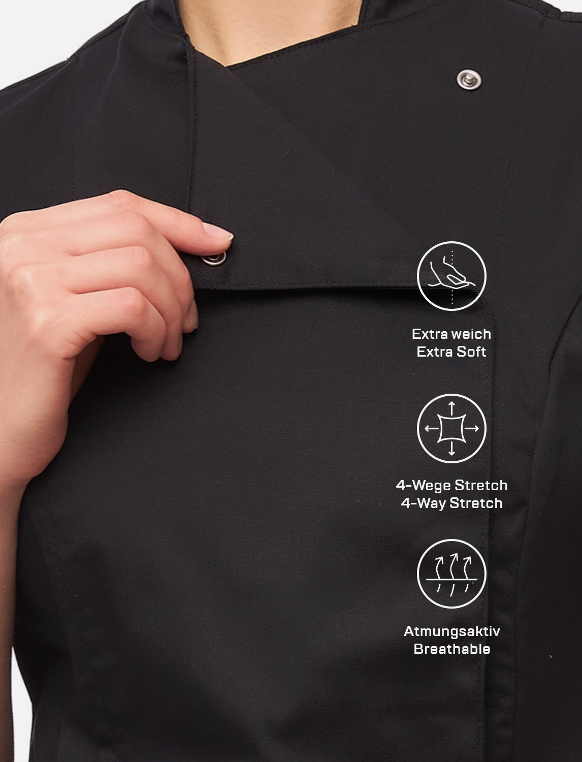 Kurzarm Damen Kochjacke mit Druckknöpfen aus weicher Baumwolle