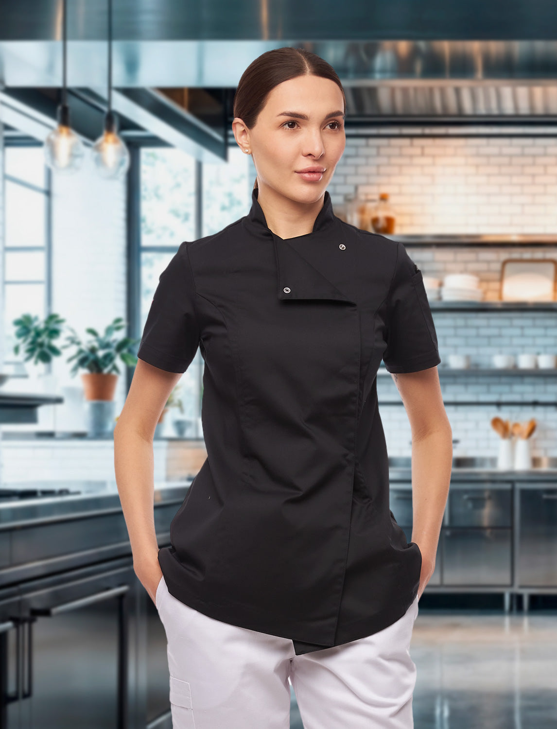 Kurzarm Damen Kochjacke mit Druckknöpfen aus weicher Baumwolle