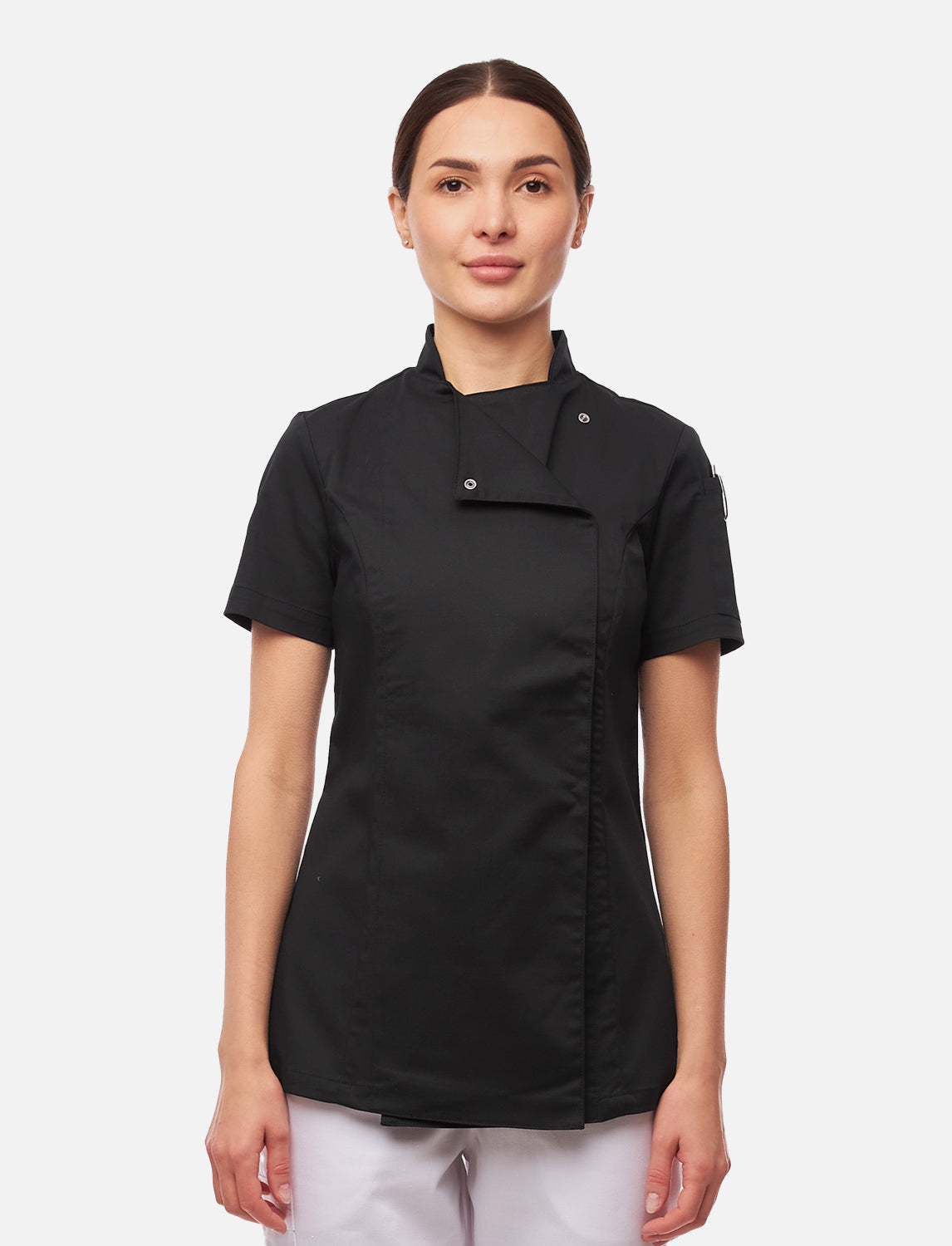 Kurzarm Damen Kochjacke mit Druckknöpfen aus weicher Baumwolle