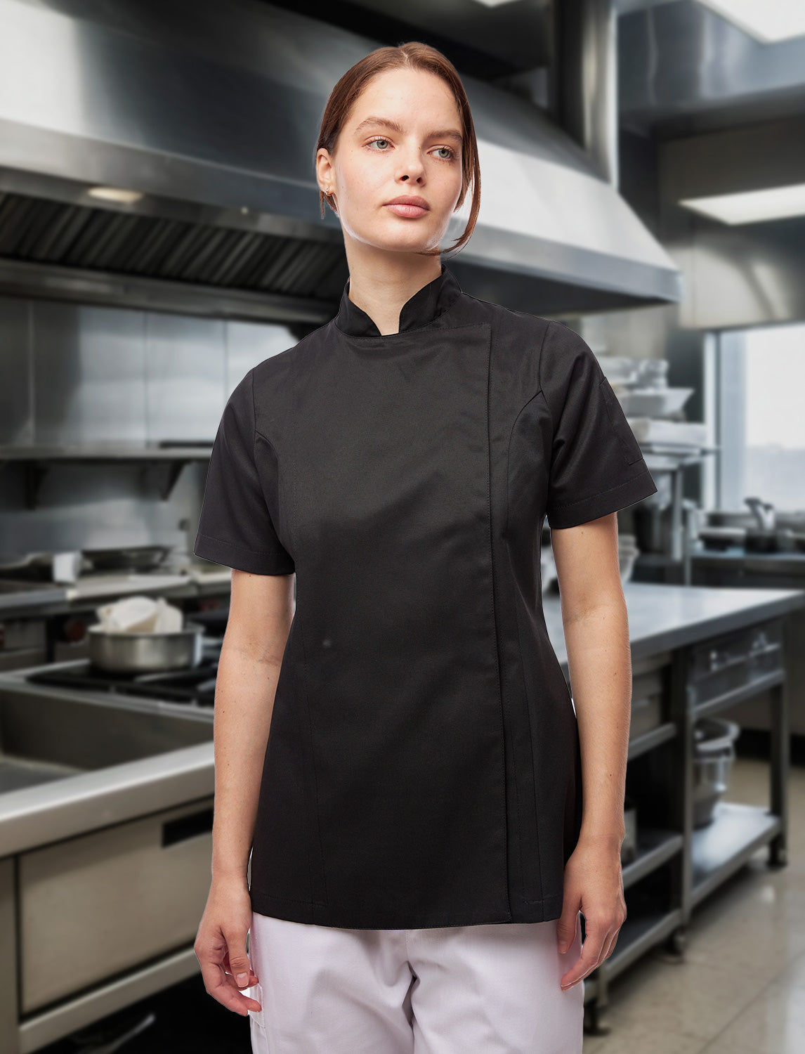 Damen Kochjacke Kurzarm mit Druckknöpfen aus easyClean Baumwolle