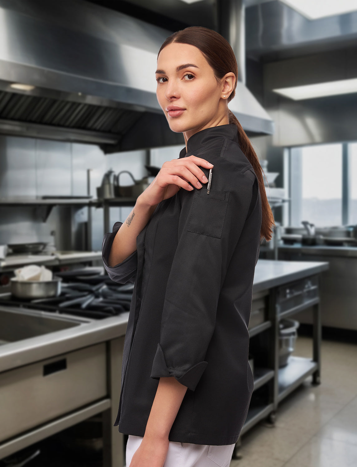 Damen Kochjacke Langarm mit Druckknöpfen aus easyClean Baumwolle