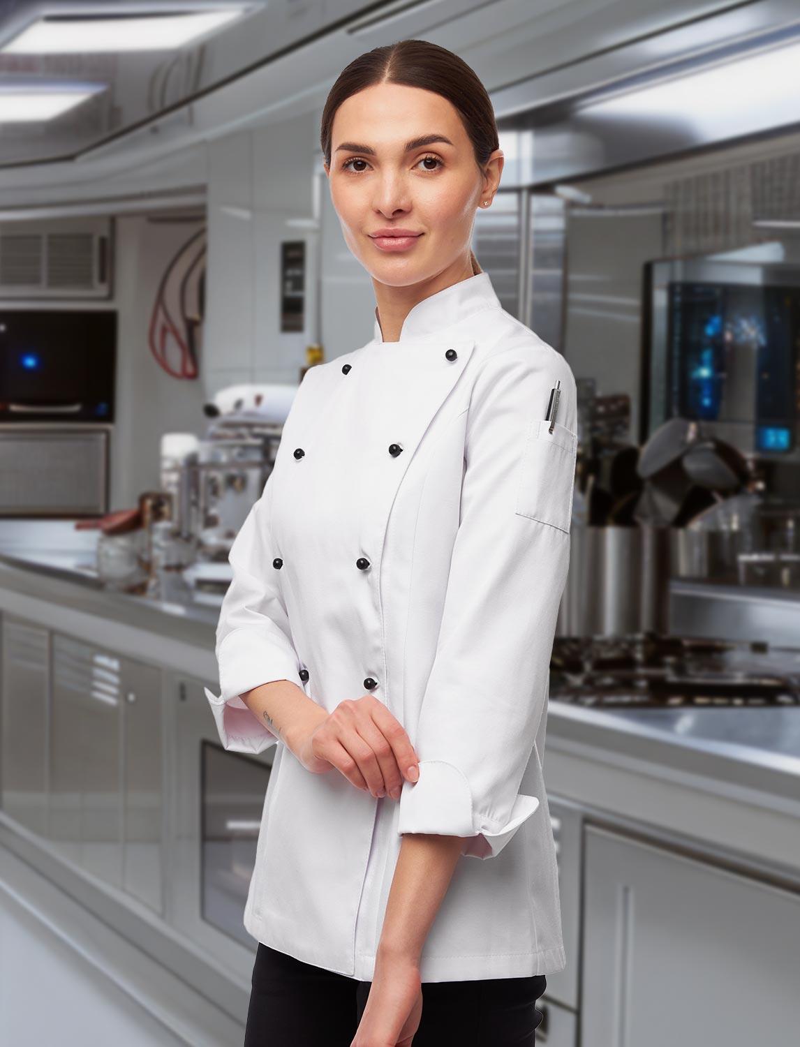 Damen Kochjacke mit Stretch Rücken inkl. Kugelknöpfe Langarm