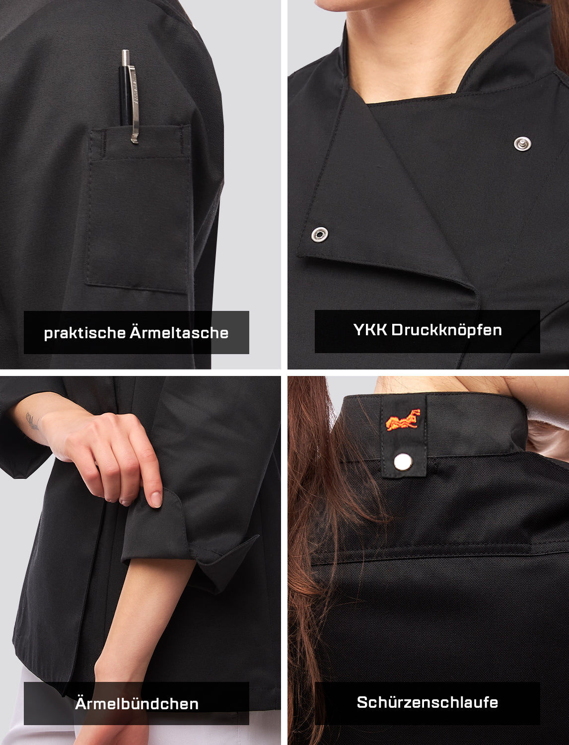 Kochjacke Damen Langarm mit Druckknöpfen easyMove und dryMesh Langarm Slim Fit Chef Uniform Jacket moderne Bäckerjacke