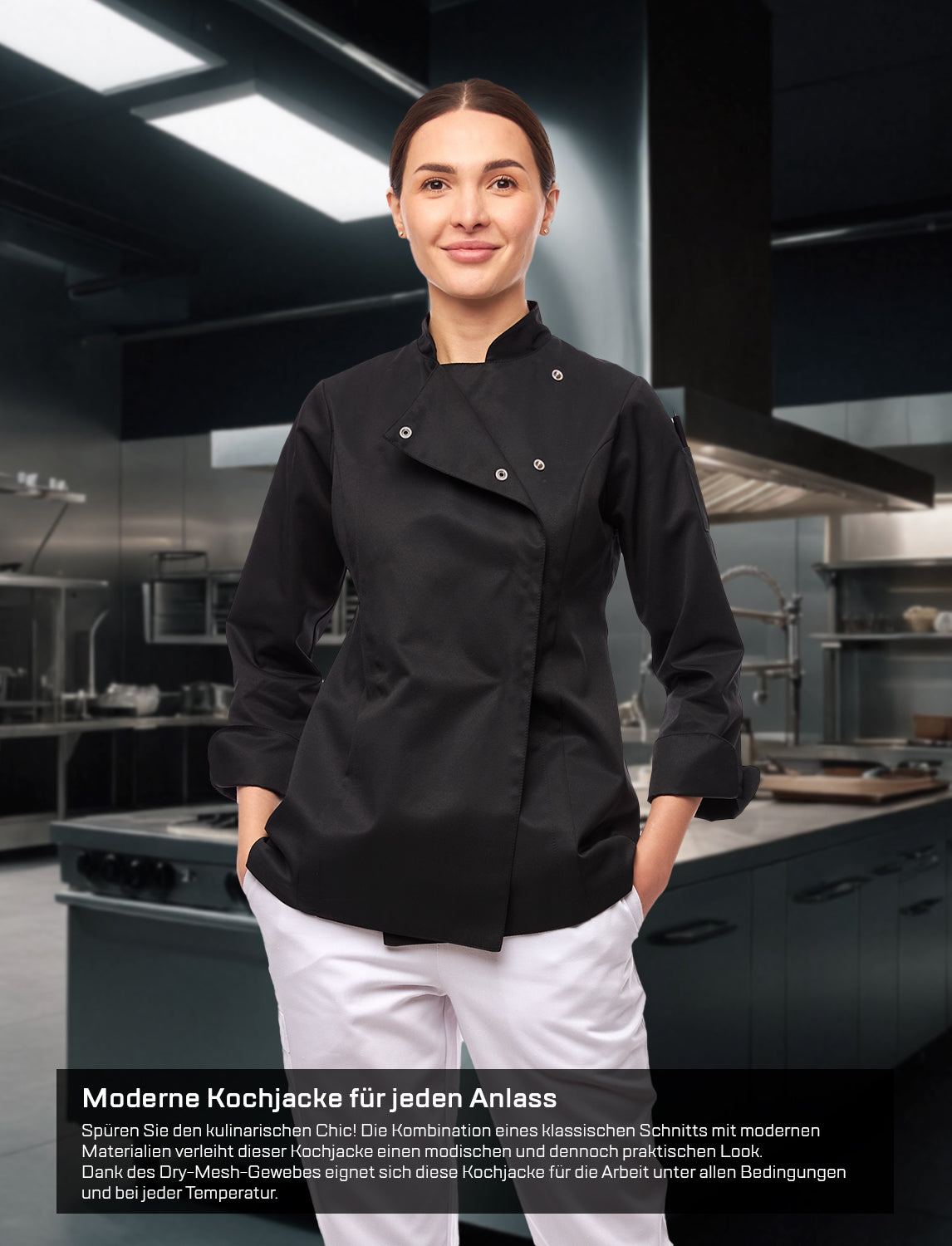 Kochjacke Damen Langarm mit Druckknöpfen easyMove und dryMesh Langarm Slim Fit Chef Uniform Jacket moderne Bäckerjacke