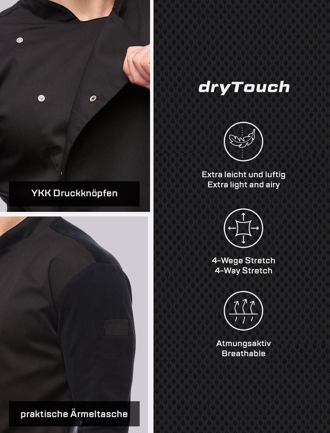 Herren Kochjacke mit dryMesh Rücken und Ärmel - Druckknöpfen -  Langarm
