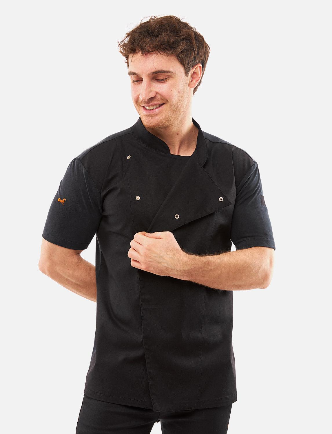 Kochjacke Schwarz Herren mit Druckknöpfen Kochhemd Kurzarm Modal Stoff