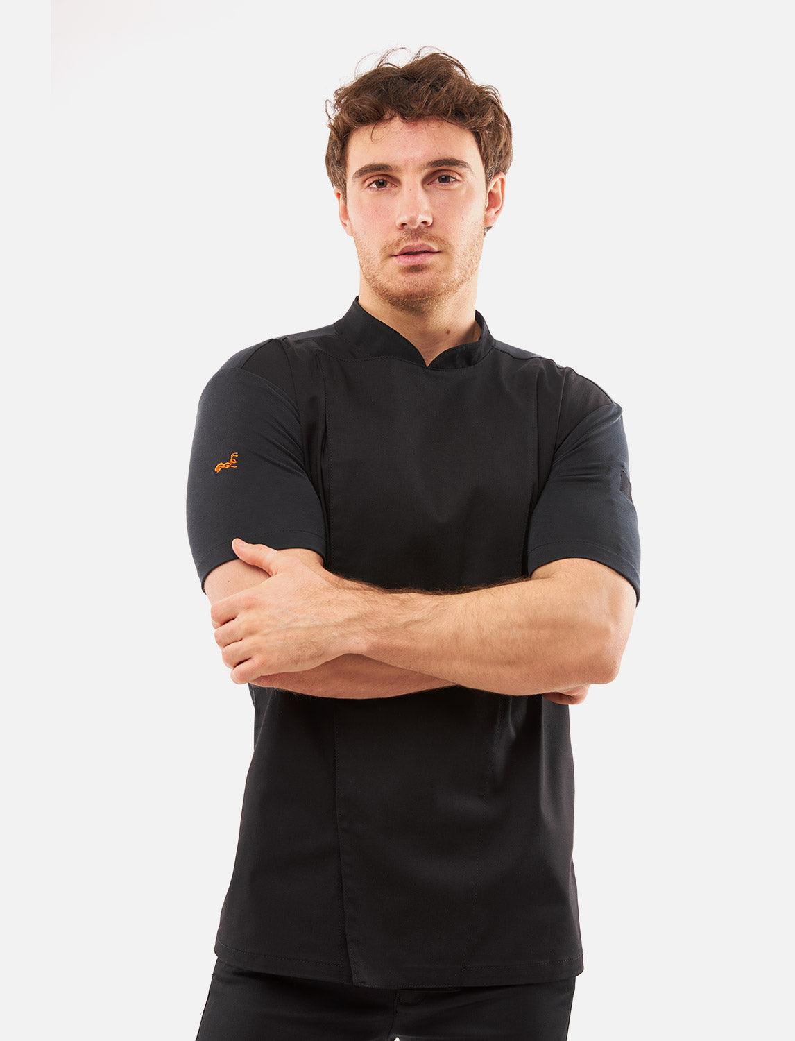 Kochjacke Schwarz Herren mit Druckknöpfen Kochhemd Kurzarm Modal Stoff