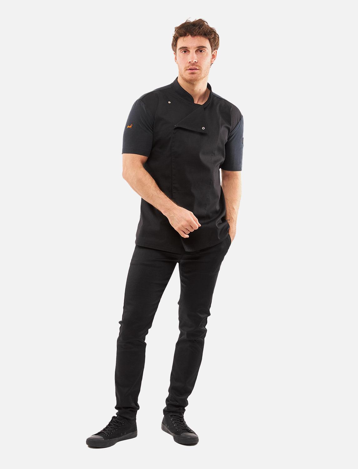 Kochjacke Schwarz Herren mit Druckknöpfen Kochhemd Kurzarm Modal Stoff