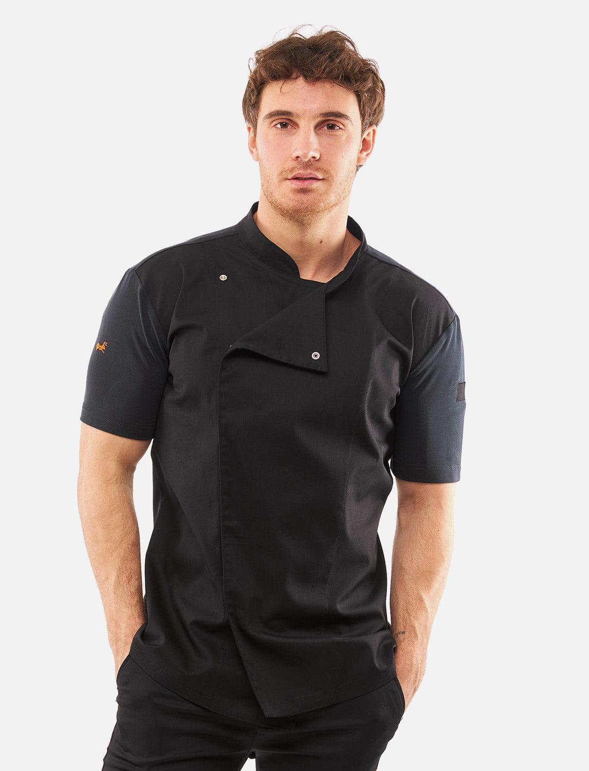 Kochjacke Schwarz Herren mit Druckknöpfen Kochhemd Kurzarm Modal Stoff