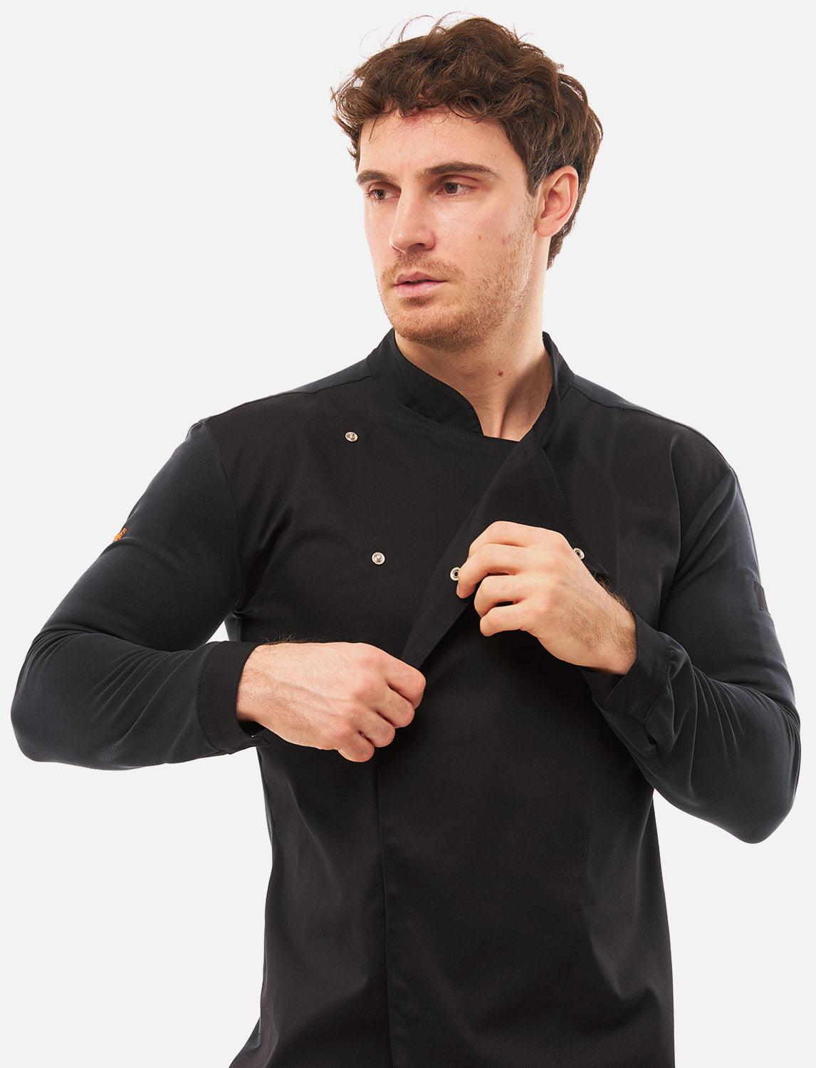 Schwarze Kochjacke Herren mit Druckknöpfen Kochhemd Langarm Modal Stoff