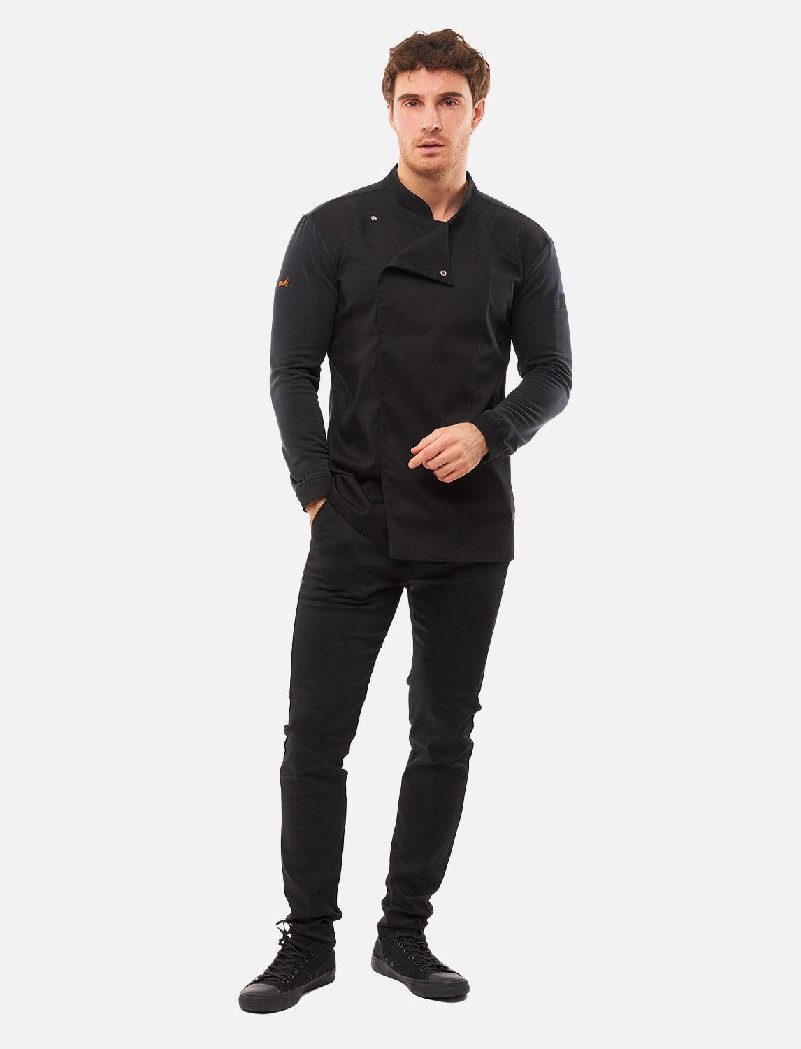 Schwarze Kochjacke Herren mit Druckknöpfen Kochhemd Langarm Modal Stoff