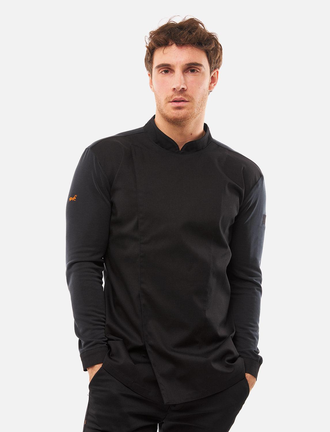 Schwarze Kochjacke Herren mit Druckknöpfen Kochhemd Langarm Modal Stoff