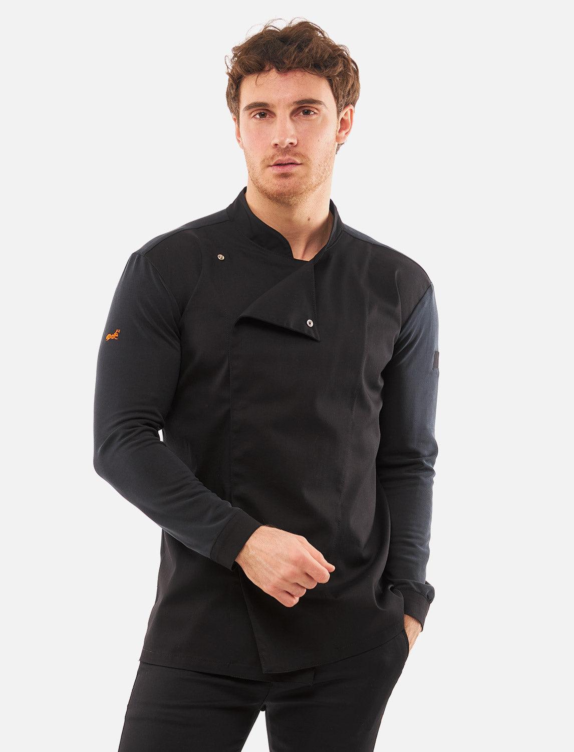 Schwarze Kochjacke Herren mit Druckknöpfen Kochhemd Langarm Modal Stoff