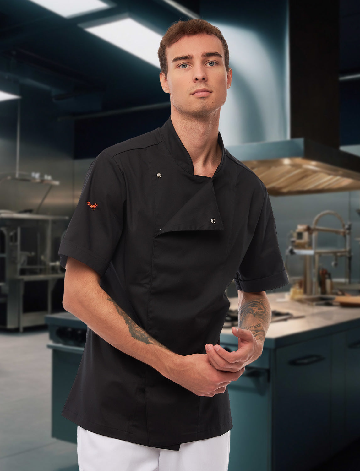 Soft Stretch Kochjacke Herren mit Druckknöpfen Kurzarm