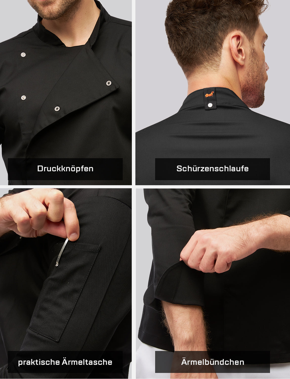 Kochjacke Herren Soft-Stretch Langarm mit Druckknöpfen