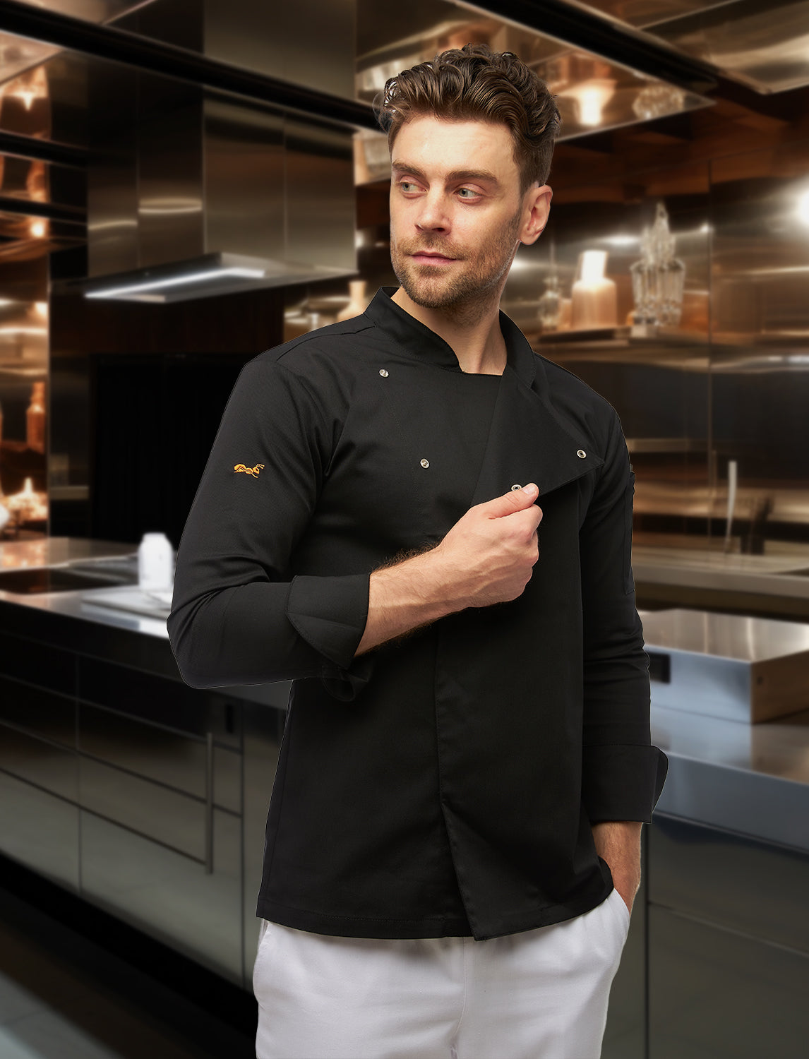 Kochjacke Herren Soft-Stretch Langarm mit Druckknöpfen