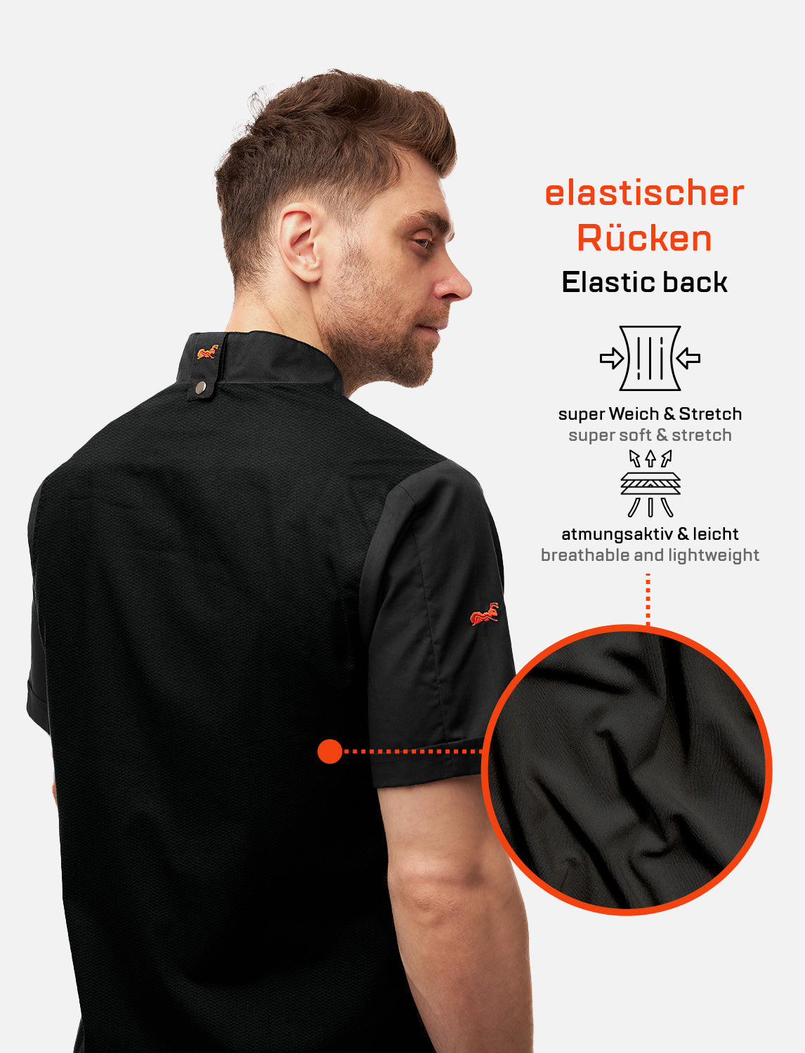 Kochjacke Herren mit Stretch Rücken – Druckknöpfen – Kurzarm