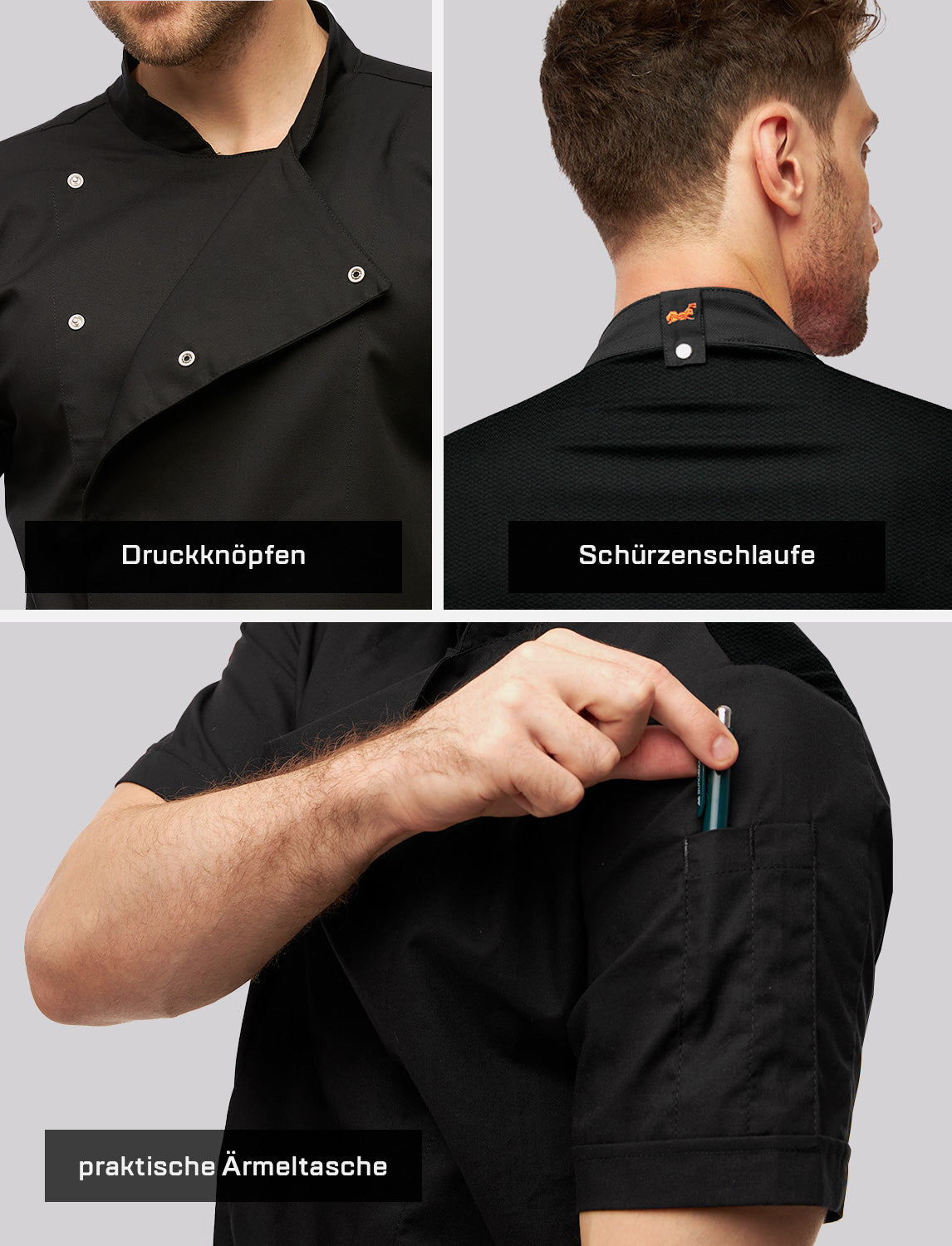 Kochjacke Herren mit Stretch Rücken – Druckknöpfen – Kurzarm