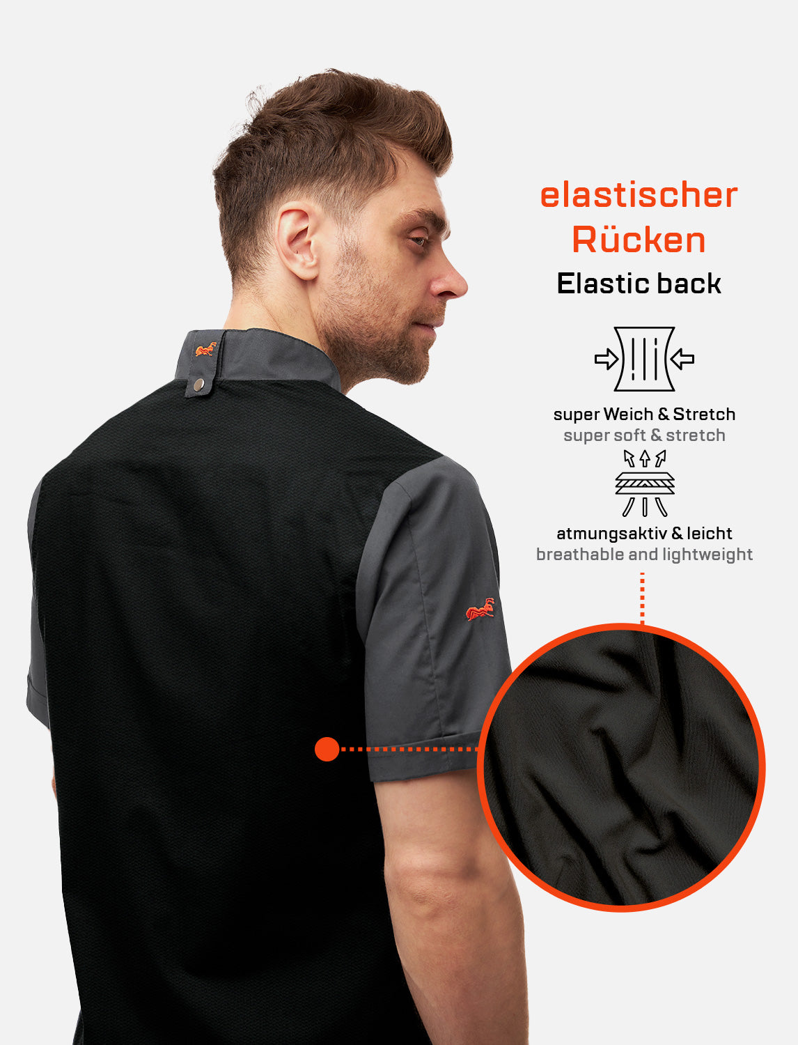 Kochjacke Herren mit Stretch Rücken – Druckknöpfen – Kurzarm