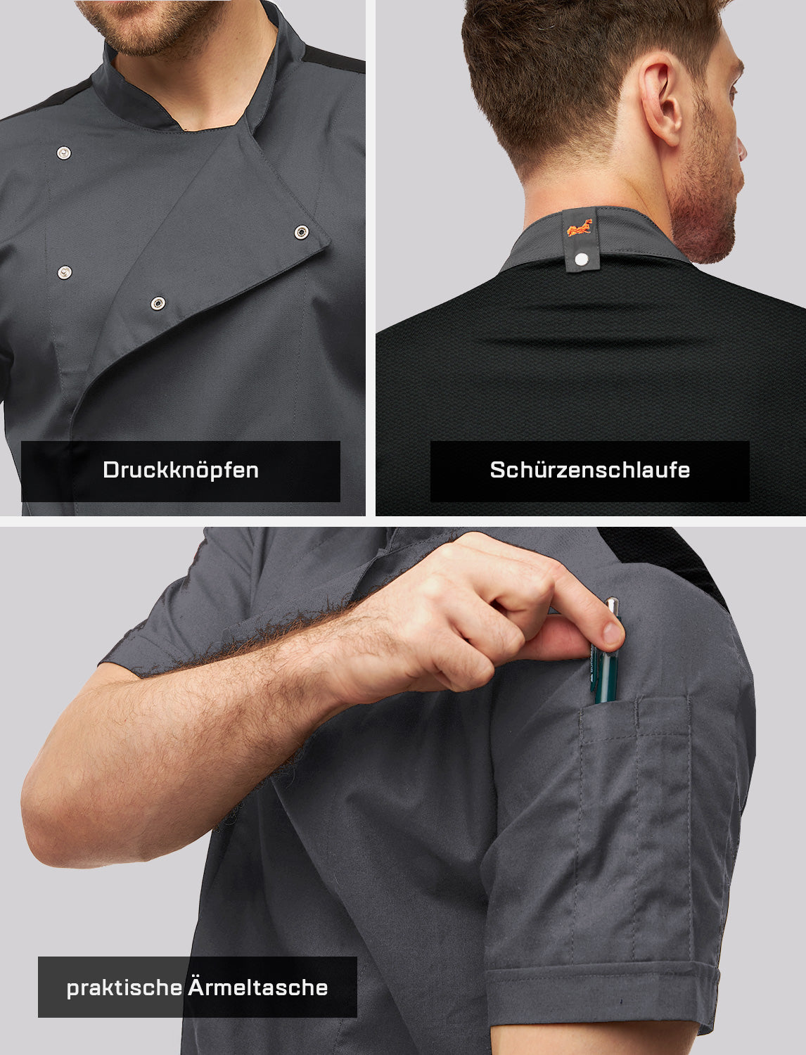 Kochjacke Herren mit Stretch Rücken – Druckknöpfen – Kurzarm