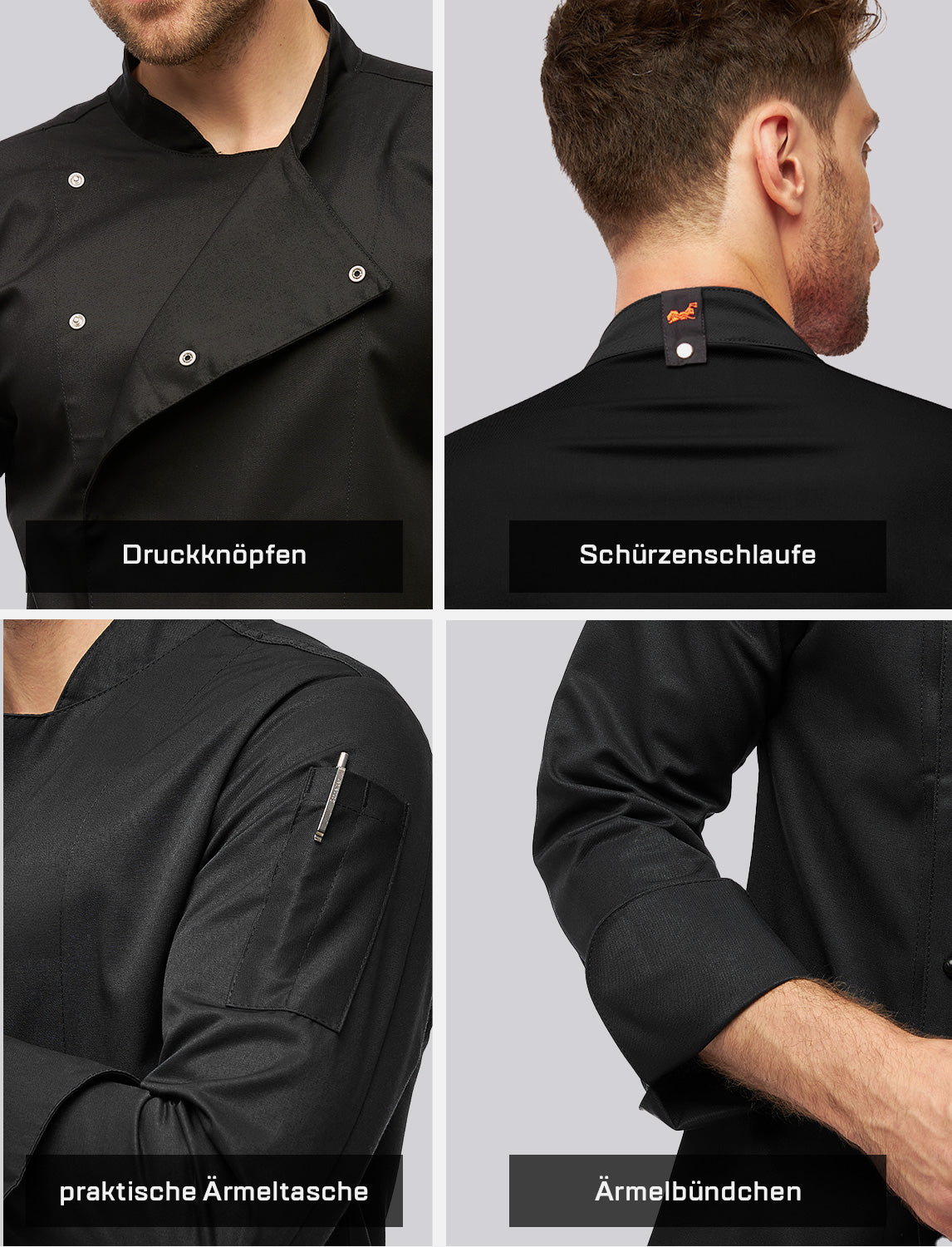 Kochjacke Herren mit Stretch Rücken – Druckknöpfen – Langarm