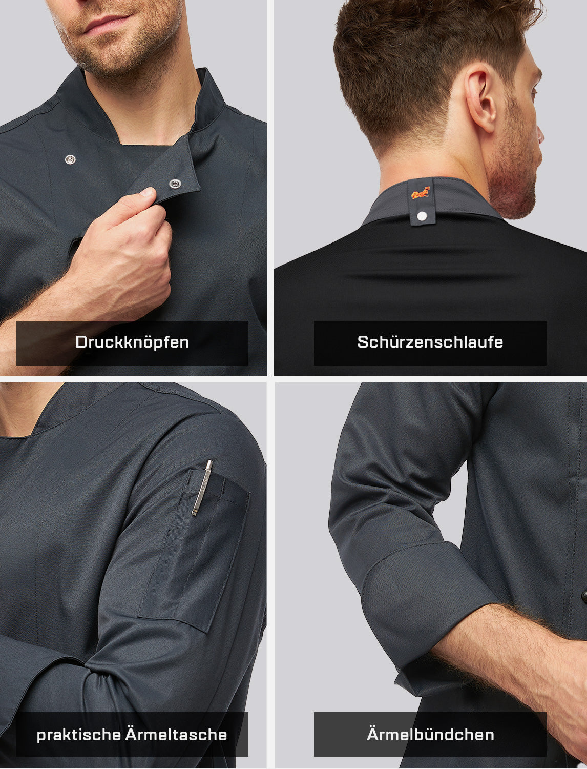 Kochjacke Herren mit Stretch Rücken – Druckknöpfen – Langarm